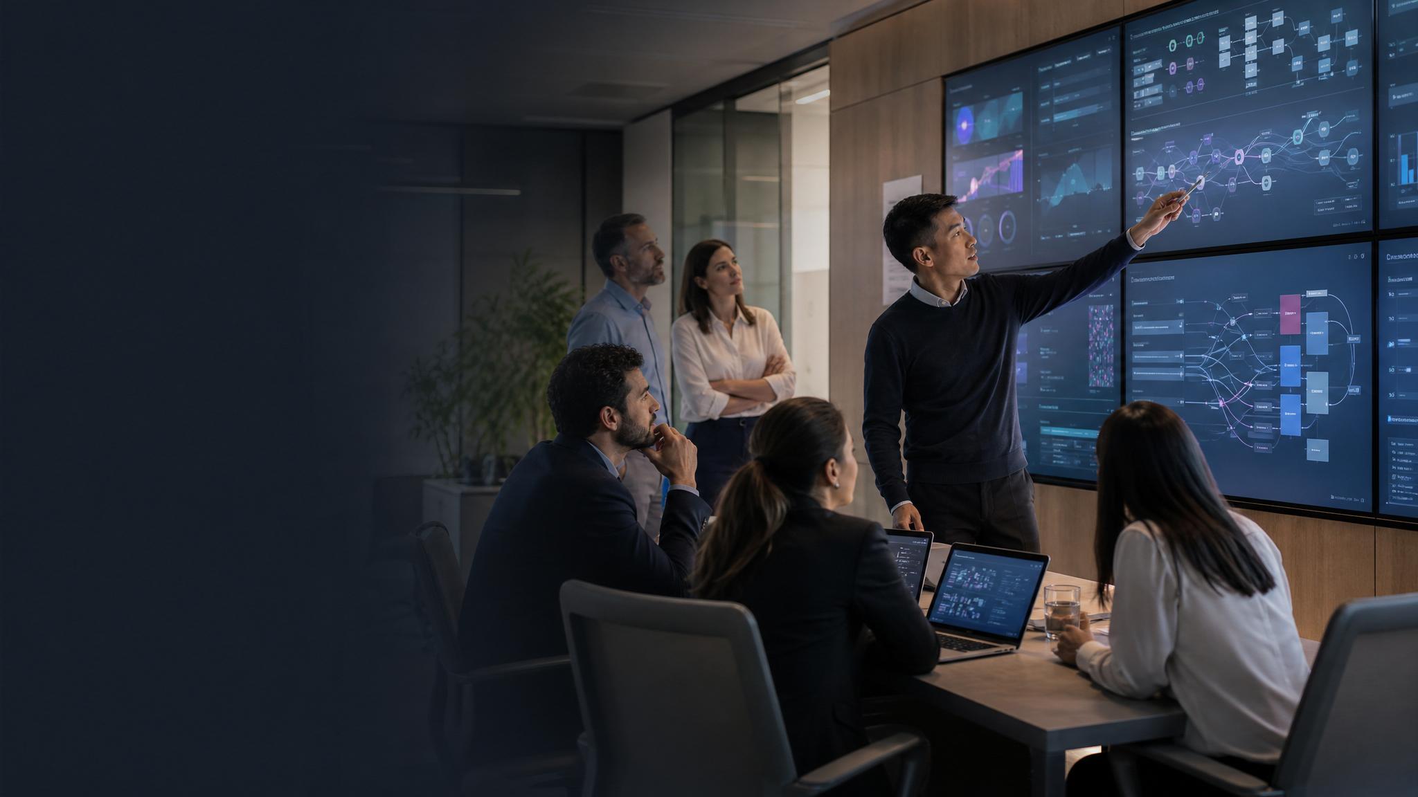 Enterprise technology team reviewing system dashboards and integration workflows